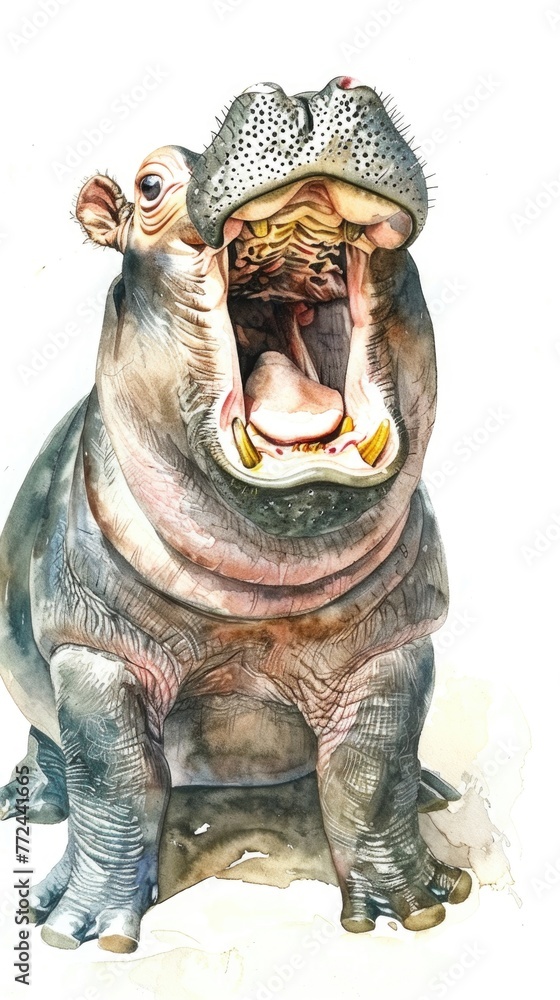 Watercolor painting of a baby hippo, mouth wide in a yawn, on a white background Watercolor painting of a baby hippo, mouth wide in a yawn, on a white background