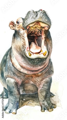 Watercolor painting of a baby hippo, mouth wide in a yawn, on a white background © Pungu x