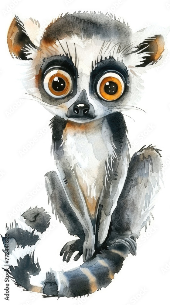 Cute lemur with big eyes in watercolor, tail curled, displayed on a white background Cute lemur with big eyes in watercolor, tail curled, displayed on a white background