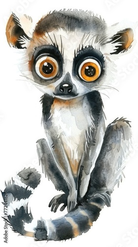 Cute lemur with big eyes in watercolor, tail curled, displayed on a white background