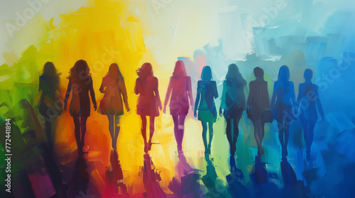 pride month painted illustration. Inclusive & diverse group of multi racial businesswomen. Watercolour artwork of proud gay female colleagues walking in solidarity. Painting marketing banner