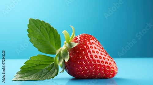 Strawberry with leaf on blue background.