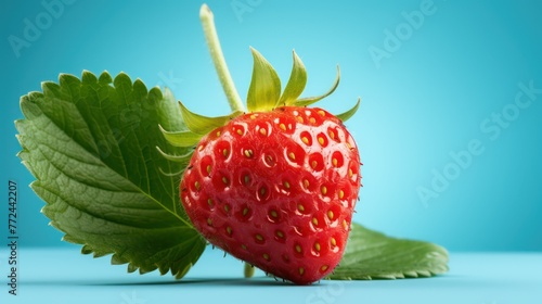 strawberry with leaves on blue background and shine