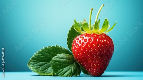 Strawberry with leaves on blue background.