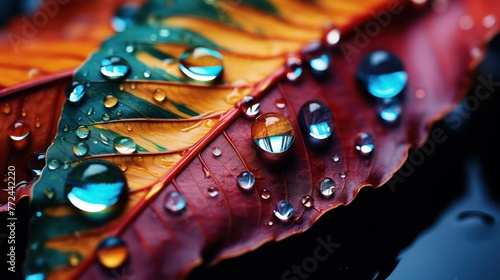 Water drops on a leaf. Water drops on a red leaf.