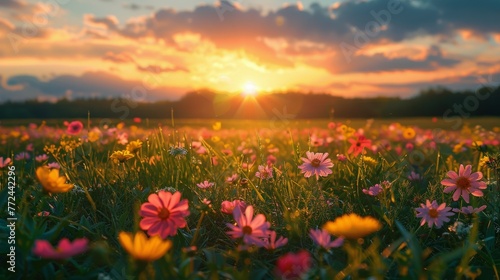 Sun Setting Over Field of Daisies