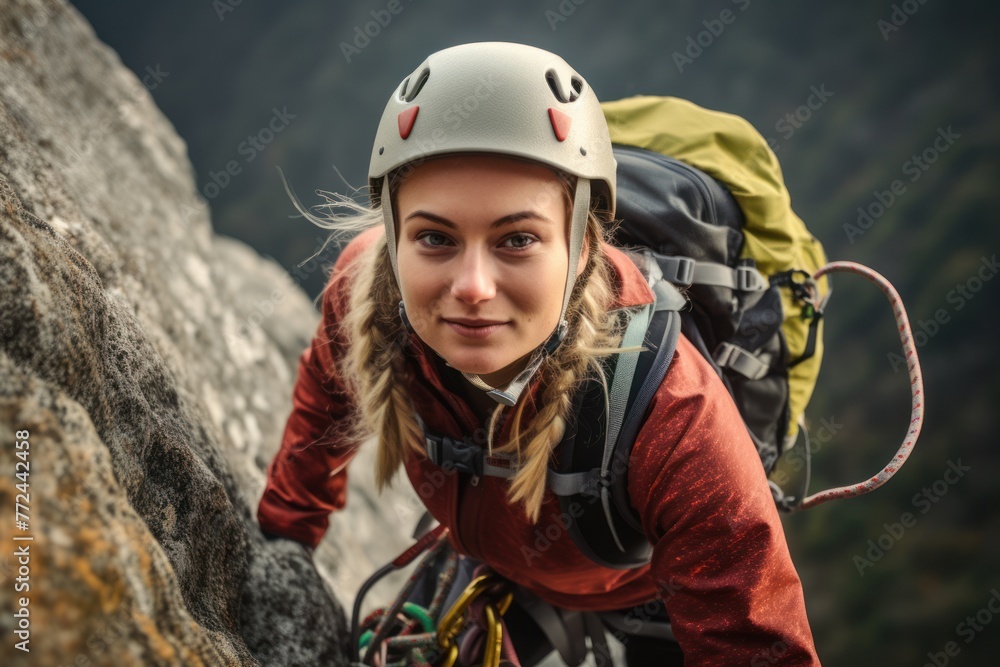 Nature's conqueror: a climber in gear taking a joyful selfie amid mountain peaks. Nature's conqueror: a climber in gear taking a joyful selfie amid mountain peaks.