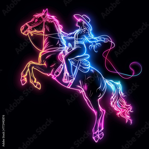 cowgirl riding a horse in neon colors illustration on a black background