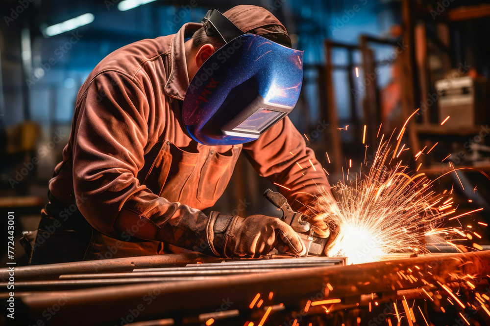 A focused welder in protective gear diligently works on metal structures A focused welder in protective gear diligently works on metal structures