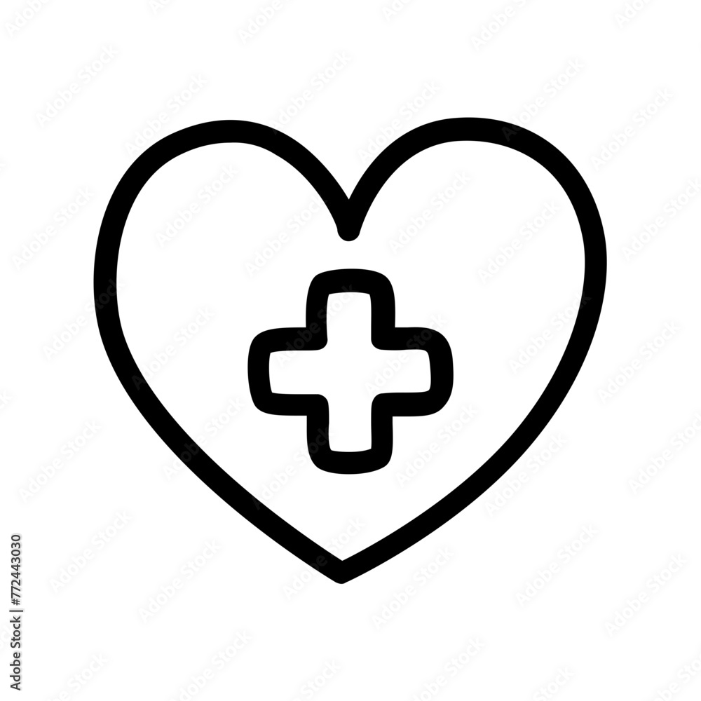 Hand drawn doodle style line icon of medical cross inside heart. Hand drawn doodle style line icon of medical cross inside heart.