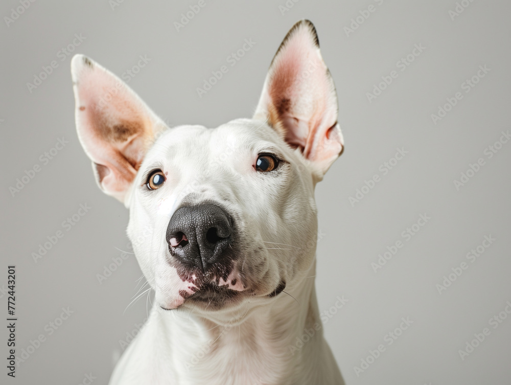 A Bull Terrier with its unique egg-shaped head, white studio backdrop 