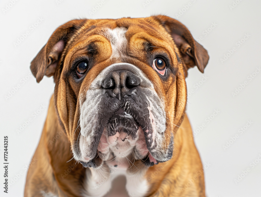 A Bulldog with its iconic wrinkled face, white studio backdrop 