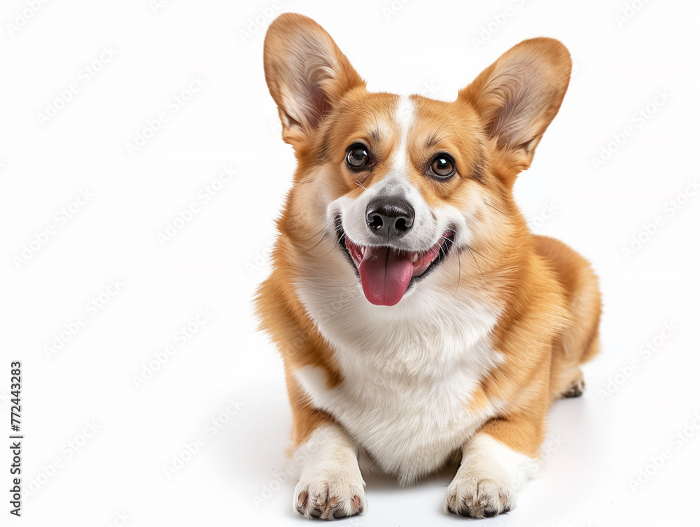 A Corgi with its cheerful demeanor, clean white studio background 