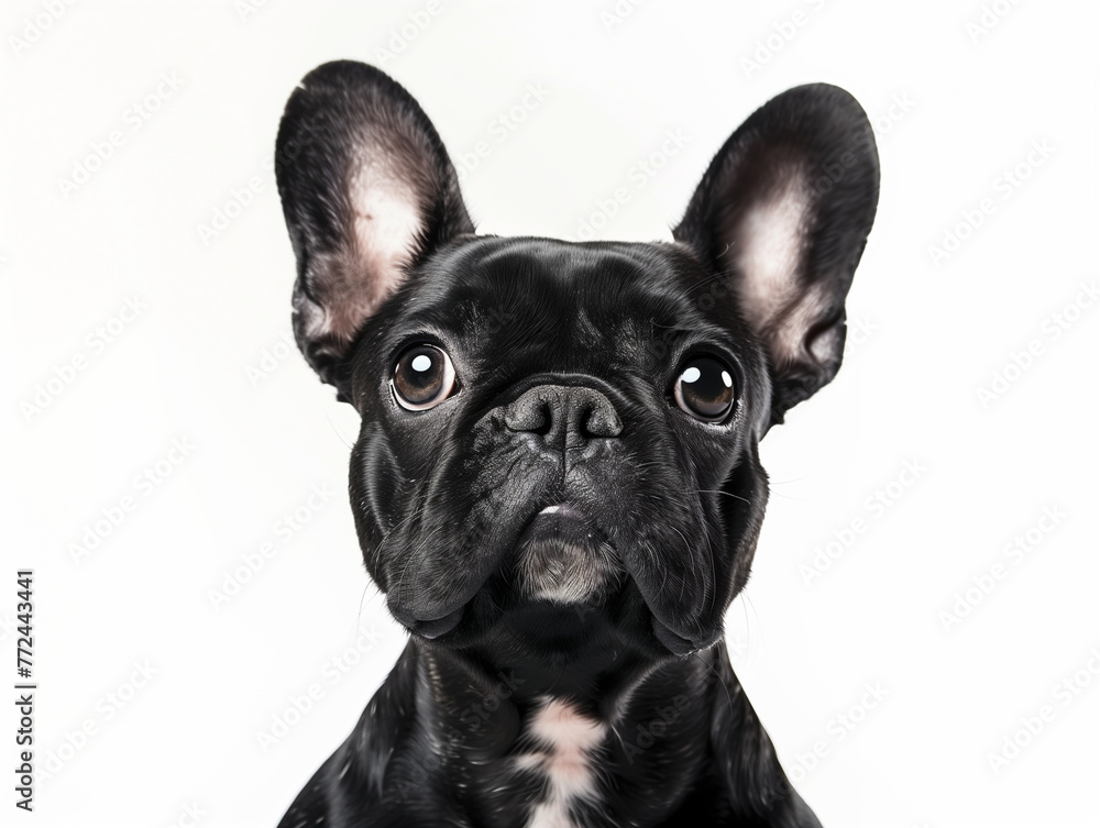 A French Bulldog with its characteristic bat ears, white studio backdrop