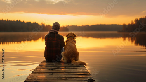 A golden retriever sitting beside its owner on a serene lake dock, golden hour, strong bond, calm water backdrop © alexandra_pp