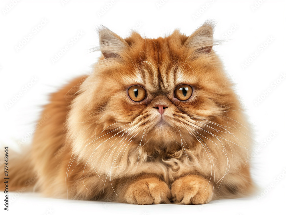 A Persian cat with its luxurious long fur, studio white backdrop