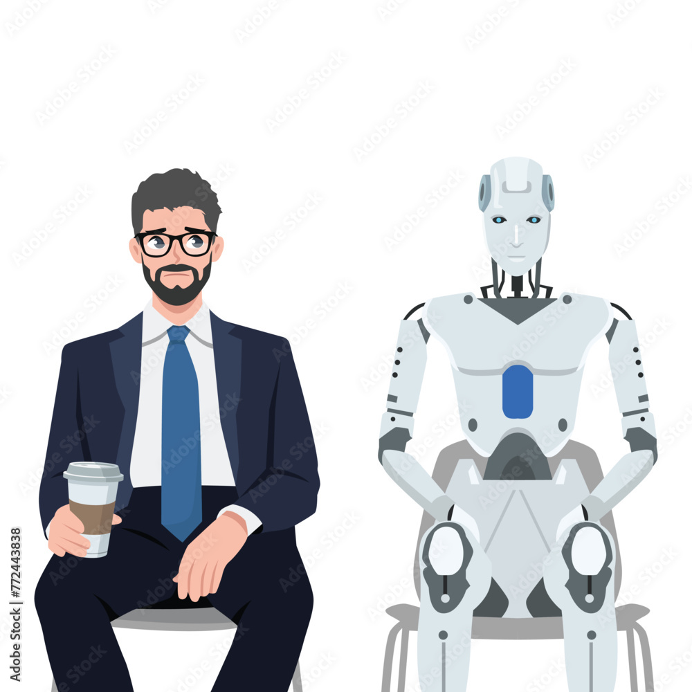 AI robot sits among frustrated job seeker losing jobs due to innovative ...