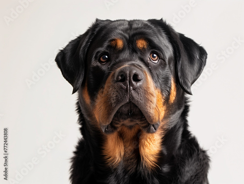 A Rottweiler, strong and confident, white studio backdrop