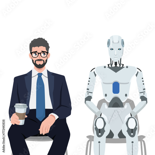 AI robot sits among frustrated job seeker losing jobs due to innovative technologies and robotization of production. Flat vector illustration isolated on white background