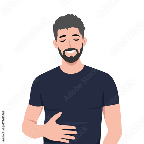 Young happy man feel very full after eating too much food. Flat vector illustration isolated on white background