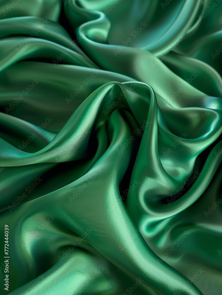 Luxurious emerald green satin fabric with sumptuous folds and waves, exhibiting a rich sheen and fluid drape. - obrazy, fototapety, plakaty 