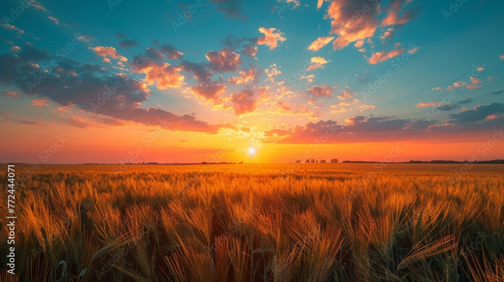 Sun Setting Over Wheat Field - obrazy, fototapety, plakaty 