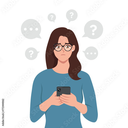 Woman holding mobile phone with question mark looking up with thoughtful. Flat vector illustration isolated on white background