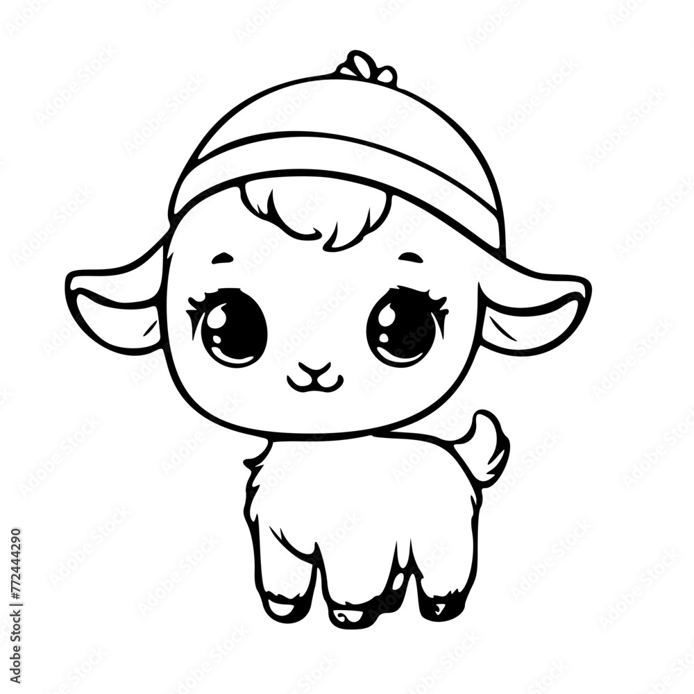 An endearing black and white sketch of a smiling young goat wearing a cap, exuding happiness and childish delight. An endearing black and white sketch of a smiling young goat wearing a cap, exuding happiness and childish delight.