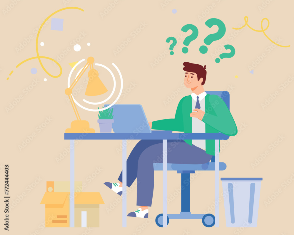 Contemplation, doubt or unsure, curiosity thinking to solve problem, question in the head, uncertainty or confusion, decision concept, businessman thinking on computer laptop with doubt question mark. Contemplation, doubt or unsure, curiosity thinking to solve problem, question in the head, uncertainty or confusion, decision concept, businessman thinking on computer laptop with doubt question mark.