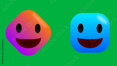 very happy and laughing emoji in different shapes and colours. isolated on green background.