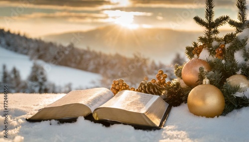 holy bible and christmas decor with snow christian winter background