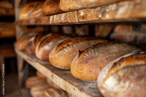 Artisanal Aroma: Rows of Fresh Sourdough Loaves in a Bakery