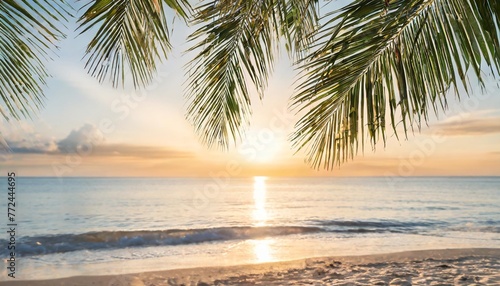 a summer vacation holiday background of a tropical beach and blue sea at sunset with the sun on the horizon and green palm tree leaves photo