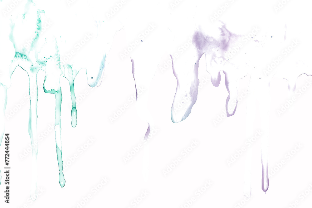 Lavender and mint dripping watercolor paint stain on transparent background.