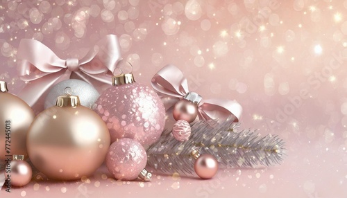 beautiful pink christmas banner with pink and silver decoration balls and bows trendy pink christmas background
