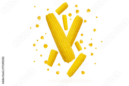 corn cobs flying on a white background