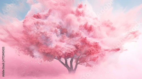  shady tree with colorful leaves, rainbow splash smoke explosion background, pastel color , Generate AI