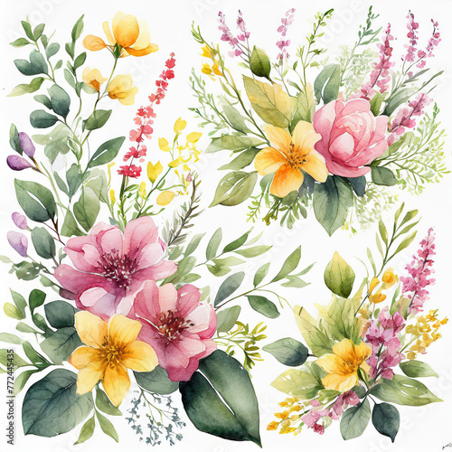 Set watercolor arrangements with garden flowers. bouquets with pink, yellow wildflowers, leaves.