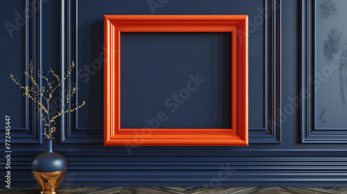 A burnt orange frame mockup against a navy blue wall, channeling a retro vibe with its bold color combination, free from additional accessories. © UMR