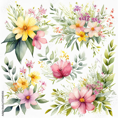 Set watercolor arrangements with garden flowers. bouquets with pink, yellow wildflowers, leaves.