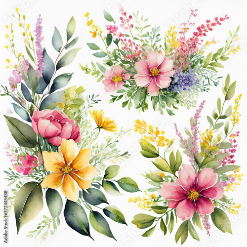 Set watercolor arrangements with garden flowers. bouquets with pink, yellow wildflowers, leaves.
