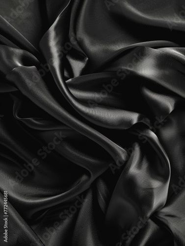 Dramatic black satin folds and curves create an abstract composition showcasing the rich sheen and shadowy depths of the fabric.