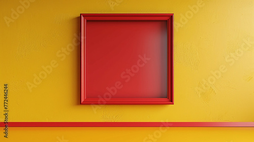 A classic cherry red frame mockup positioned on a solid mustard yellow wall, offering a vibrant and energetic atmosphere, free of additional decor. © UMR