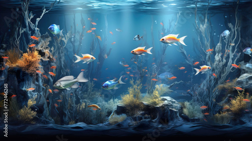  wallpaper design background , Aquarium with clear water, full colorful fish , Generate AI © VinaAmeliaGRPHIC