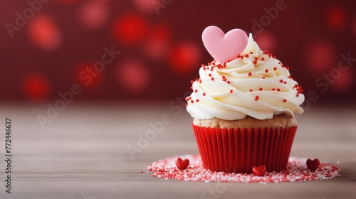 Valentines day cupcake with heart on red bokeh background