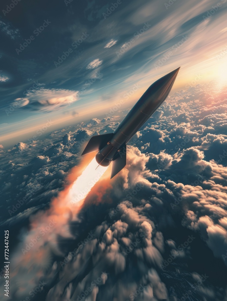 Fototapeta premium Scifi hypersonic missile piercing the sky above clouds, moody lighting, hyperrealistic detail