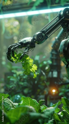 Scifi farming revolution Robotic arm harvesting lettuce, hyperrealistic with moody backlight photo