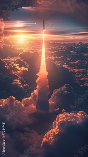Scifi missiles journey above the clouds, hyperrealistic textures under moody lighting