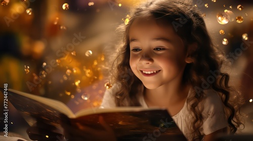 Cute little girl reading book at home during Christmas time, closeup
