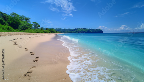 A beach with a clear blue ocean and a few footprints in the sand. AI.